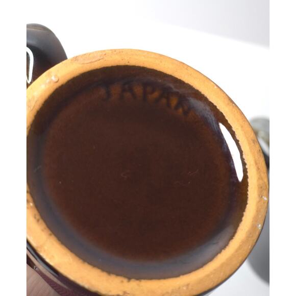 Set of 4 Vintage Brown Drip Glaze Trigger Two-Finger Handle Redware Mug Japan - Picture 11 of 13